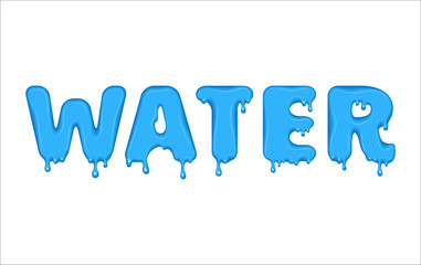 Vector word made of flowing water. Letters with blots, drops, splashes and blobs. Glossy typeface. Text of blue liquid drops isolated on white background.