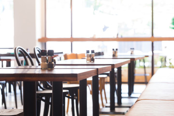Wide angle that makes wooden chairs placed in the restaurants.