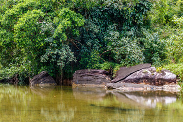 On the island of koh kood, Thailand, a view across an inland tidal pool/lagoon shows the lushjungle foliage of the local tropical rain forest.
