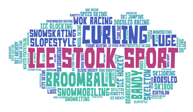 Ice stock sport. Word cloud, colored font, white background. Olympics.