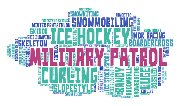 Military patrol. Word cloud, colored font, white background. Olympics.