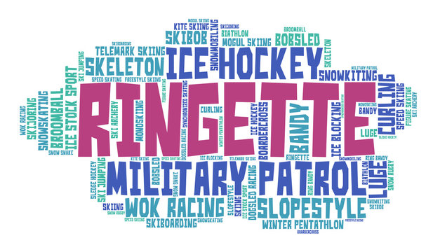 Ringette. Word cloud, colored font, white background. Olympics.