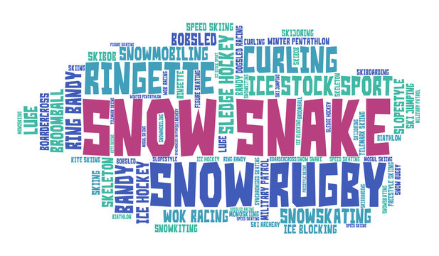 Snow snake. Word cloud, colored font, white background. Olympics.
