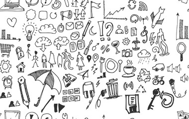 Hand drawn seamless doodle pattern with business symbols