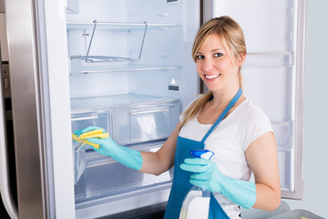 Smiling Woman Cleaning Refrigerator