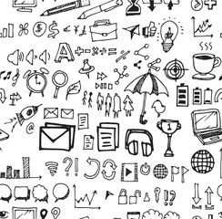 Hand drawn seamless doodle pattern with business symbols