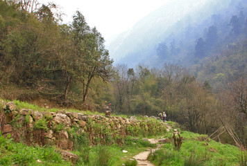 People trekking at Beautiful Himalaya's landscape ,Nepal
