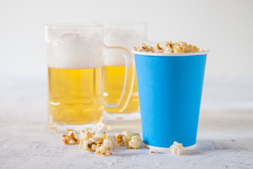 pop corn and beer, selective focus, copy space