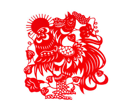 red flat paper-cut on white as a symbol of Chinese New Year of the Rooster with Sun 2017