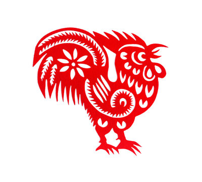 red flat paper-cut on white as a symbol of Chinese New Year of the Rooster 2017