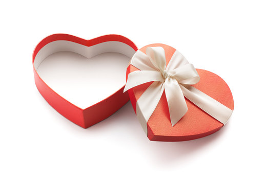 Red Heart Shape Open Gift Box Isolated On White Background - Clipping Path Included