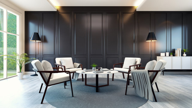 modern contemporary meeting room interior ,white armchair and white cabinet and table on wood floor and classic black wall,3d rendering