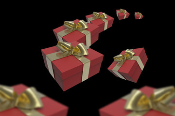 Colorful and striped boxes with gifts tied bows on black background. Happy new year or valentines 3d illustration