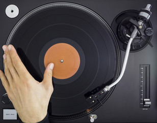 DJ Turntable, Hand Hold and Scratch Vinyl Record, Top View