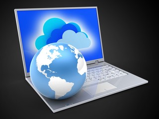 3d illustration of laptop over black background with clouds screen and earth globe