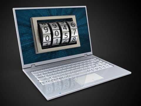 3d illustration of laptop over black background with binary data screen and code lock