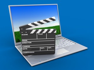 Fototapeta na wymiar 3d illustration of laptop over blue background with meadow screen and film clap