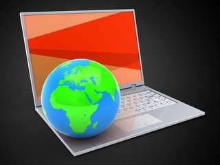 3d illustration of laptop over black background with red screen and globe