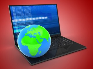 3d illustration of laptop computer over red background with digital screen and globe