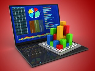 3d illustration of laptop computer over red background with diagrams screen and diagram