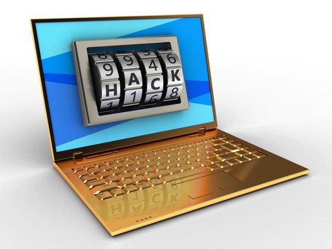 3d illustration of golden computer over white background with blue screen and hack lock