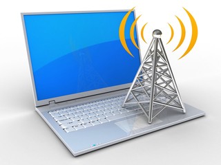 3d illustration of laptop over white background with blue reflection screen and antenna