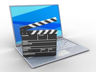 Fototapeta na wymiar 3d illustration of laptop over white background with blue screen and film clap