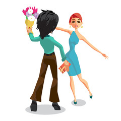 The young man gives a woman a bouquet of flowers. Back view. Hap