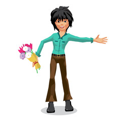 Romantic view of a young man holding out a bouquet of flowers an