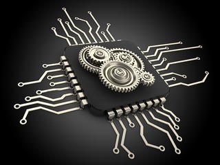 3d illustration of computer chip over black background with gears
