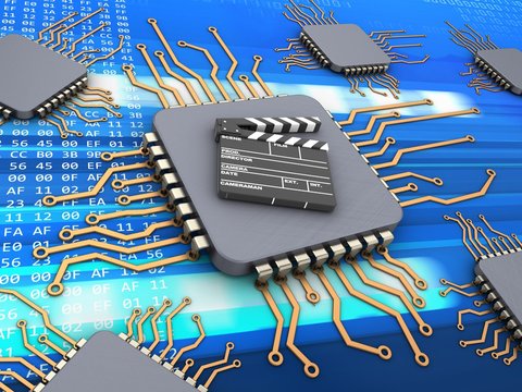 3d illustration of computer chips over code background with film clap