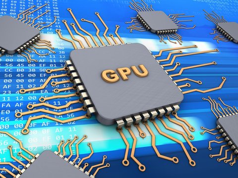 3d illustration of computer chips over code background with gpu sign