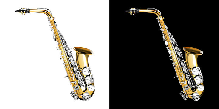 Gold classical saxophone with silver buttons. Isolated object presented on two backgrounds black and white.