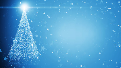Christmas tree with shining light, falling snowflakes