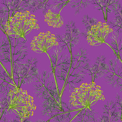 Seamless pattern of watercolor fennel plant