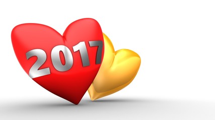 3d illustration of red heart over white  background with another orange and 2017 year sign