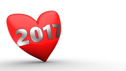 3d illustration of red heart over white  background with 2017 year sign