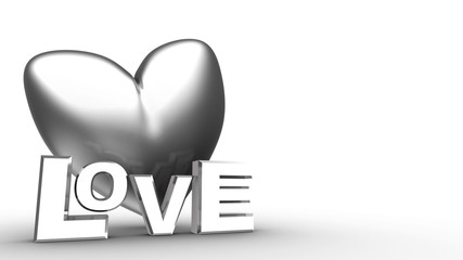 3d illustration of silver heart over white  background with love sign silver