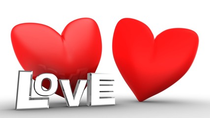 3d illustration of red heart over white  background with second red and love sign silver