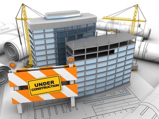 3d illustration of modern buildings over drawing rolls background with cranes