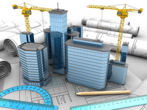 3d illustration of city over drawing rolls background with two cranes