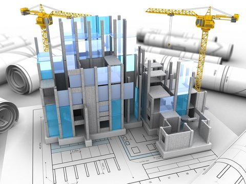 3d illustration of two cranes over drawing rolls background with building construction