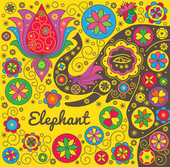 Colorful background with an elephant. Vector drawing in Indian s