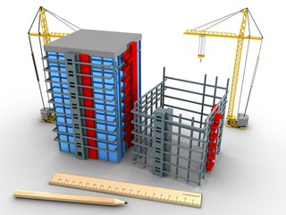 3d illustration of building over white background with cranes