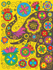 Bright background with an elephant. Vector drawing in Indian sty