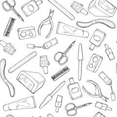 Hand drawn sketch illustration of professional manicure set with nail scissors, nailfile, nail polish, cream, LED or UV lamp, Cuticle Nippers seamless pattern background on abstract. Coloring book