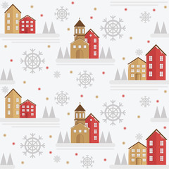 Winter seamless pattern element with houses, spruces and snowflakes