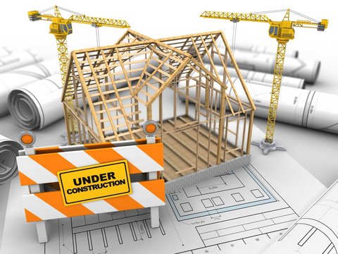 3d illustration of wooden house frame over drawing rolls background with two cranes