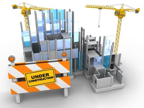 3d illustration of building construction over white background with two cranes