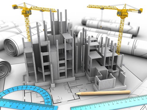 3d illustration of  over house plan background with two cranes
